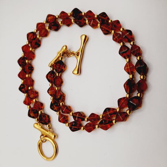 Vintage Topaz Glass Bead Two Strand Necklace Gold Tone Toggle Clasp 16” - Picture 10 of 14